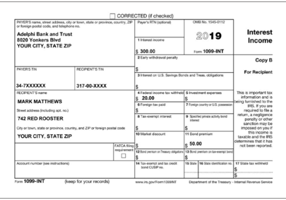 CORRECTED checked . . . Adelphi Bank and Trust 8020 Yankers Blvd YOUR CITY, STATE ZIP 2019 Interest Income 1000 INT Copy 34-7