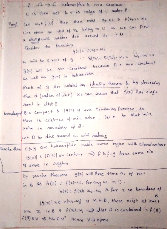 holomorphic & Non constant we 20 ਆਗਰਮ U is open set avis image of u under f het wotf(u). Then there exist 7 EU f(zo)- Wo is o