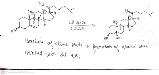 H₃ Coroll CMS Luah Hi my Chunk dil H₂SO4 M35 H w (water) H Ho OH Reaction alkene leads to foremation of alcohol when rearted