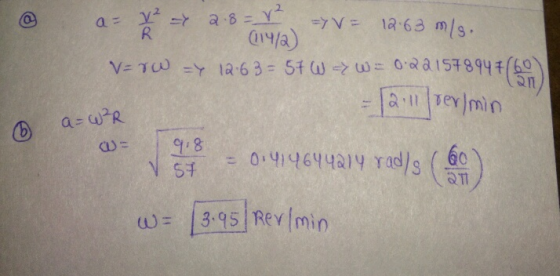 @ a= x2 = 2.8= = =YV= 1263 m/s = 12.63 R (1142) V=TW =Y 12.63 = 5+ W => W = 0:221578947(60) = 12111 ver/min a=WZR @ 03- 918 0