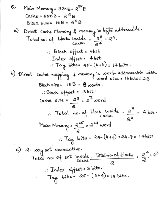 b) Direct cache mapping f memory word size = 16 bits = 2B Q. Main Memory: 32MB-2B Cache = 256B = 288 Block size = 16 B = 24B