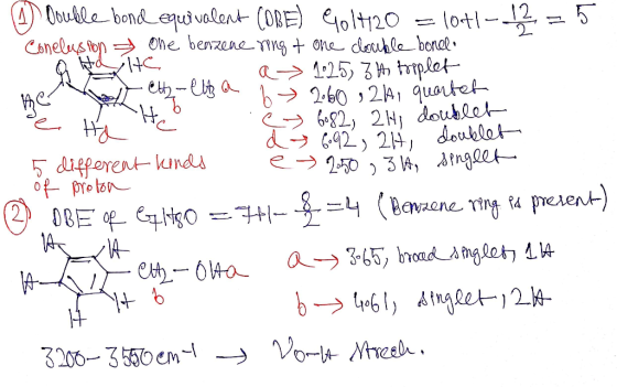 the l ett-elt a 6 60 924, quartet (4) Double bond equivalent COBE) Gol4120 = 1041-12 = 5 Conelespon = one bearzene ring + one
