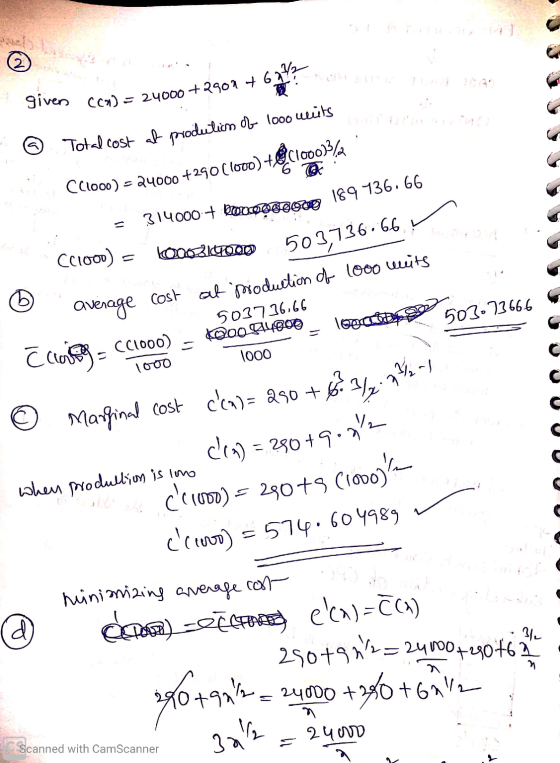 given (cn) = 24000 ta (29) = 24000 +29097621 000 + Dobroeskoue 189736.66 Total cost of produlian ob 1000 wüts CC1000) = 24000