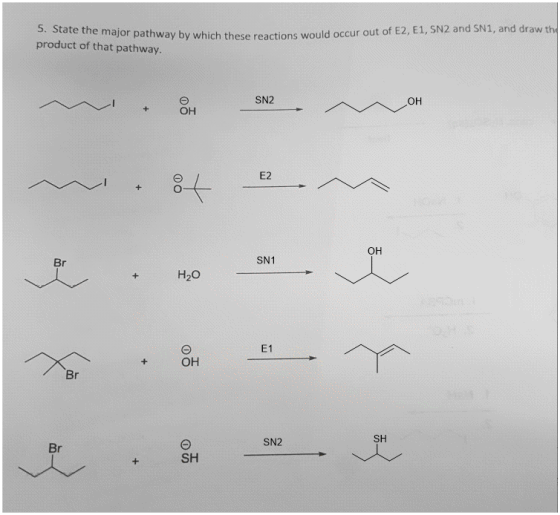 5. State the major pathway by which these reactions would occur out of E2, E1, SN2 and SN1, and draw the product of that path
