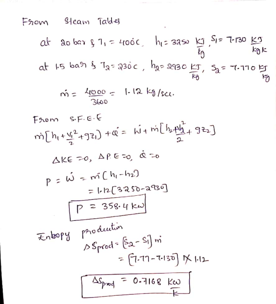 From Steam Taldes at ao bar & 7,- 4000 hi- 3250 kg Si= 7-130 kg Fin Kyk at 1-5 bar į 12= 230c, ha= 2930 KT, S = 7.770 KD ng “