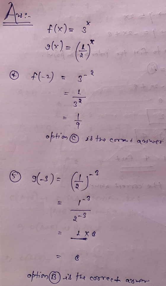 Ang f(x) = 3 g(x) = (11 @ f(-2) to en option ② is the correct answer. 3 3(-3) = w194 IT 13 2 X 8 option (ß is the correct ans