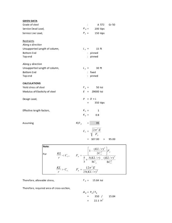 Gr 50 GIVEN DATA Grade of steel Service Dead Load, Service Live Load, PO = PL = A 572 200 kips 150 kips Restraints Along x di