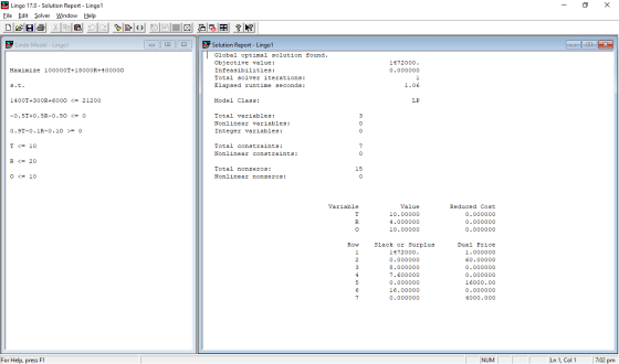 E Lingo 17.0 - Solution Report - Lingo1 File Edit Solver Window Help Solution Report - Lingo1 Global optimal solution found.