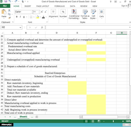 Cost of Goods Manufactured and Cost of Goods Sold - Excel Sign In FILE HOME INSERT PAGE LAYOUT FORMULAS DATA REVIEW VIEW Cali