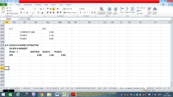 Home nert Page Layout Formulas Data Review View dd-Ins Cut Σ AutoSum ー E ゴWrap Text ta copy. в 1 프 . Ej-., Δ. : rーー 逻锂函Merge & Center. $, % , 弼,8 C Paste Conditional Format CeInsert Delete Format Formatting, as Table w styles. ▼ ㆆ ▼ Sort &Find & 2 ClearFe Select Edting Format Painter Clipboard Font Alignment Number Styles Cells BR406 BR BS 393 394 b-3 395 396 397 398 399 b-4 PLAN D IS MORE ATTRACTIVE 400AS EPS IS HIGHEST 401 402 EPS 403 404 405 406 407 408 409 410 411 BT BU BV BW BX BY BZ СА СВ CD CE CF EPS CURRENT PLAN PLAN D PLAN E 0.98 1.36 0.82 PLAN - EXISTING PLAND PLAN E 0.98 1.36 0.82 retirementfutures FV, ANNUITY ACC CVP KE BOND HPR REALISED YIELD NPV ROE std costing EPS%, ECONOMY, BEFORE AFTER BUYBACK Shellm 12:28 24-01-2019