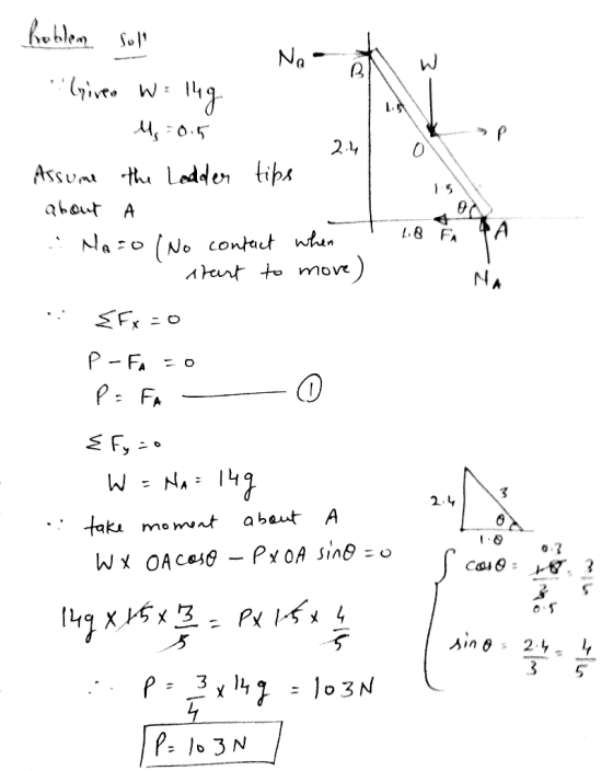 No hoblem soll Given W = 14g 4,-0.5 at w 149. 2.4 01 Assume the Lodder tips about A Nato / No contact when I LO FA PA I start