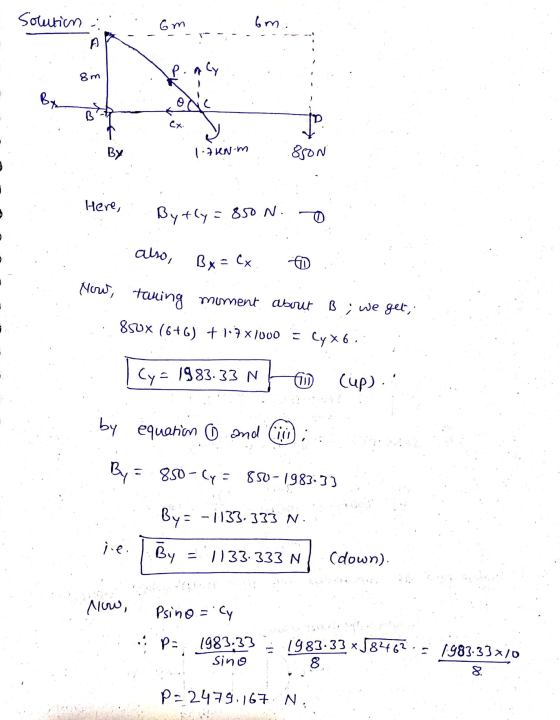 Solution Gm 6m. Paly 8m Cx. P 8500 BY 1. KN-m Here, Bytly = 850 N. also, Bx = (x Now, taning moment about B; we get, 850x (6+