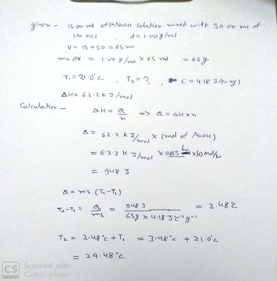 giver - 15.00 me of Im NaOH Solution mixed with so no me of d=1.00 g/ml IM HU V = 1S + SO = 65 m m- dv 100 g/ml x 65 ml 65 g