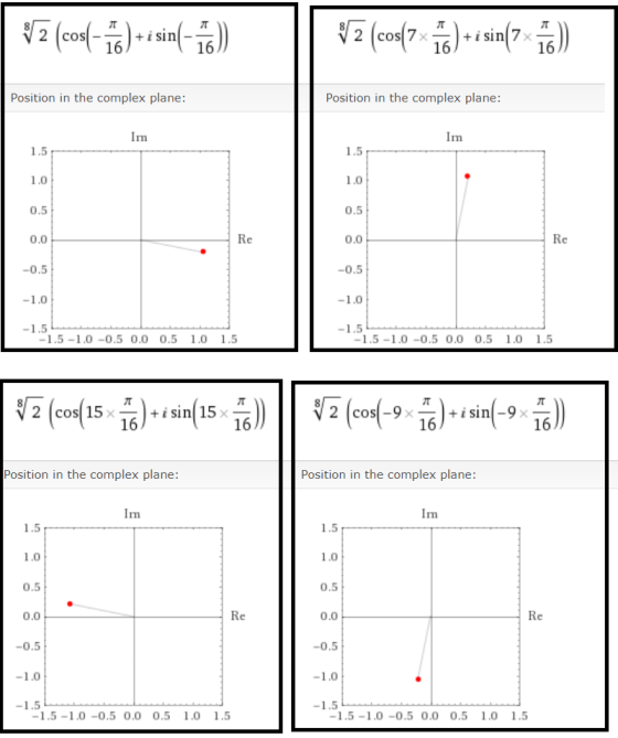 2 (cos(-1) + sin(-1) V2 (cos(7)+i sin(7 70) Position in the complex plane: Position in the complex plane: Im Im 1.5 1.5 1.0 1
