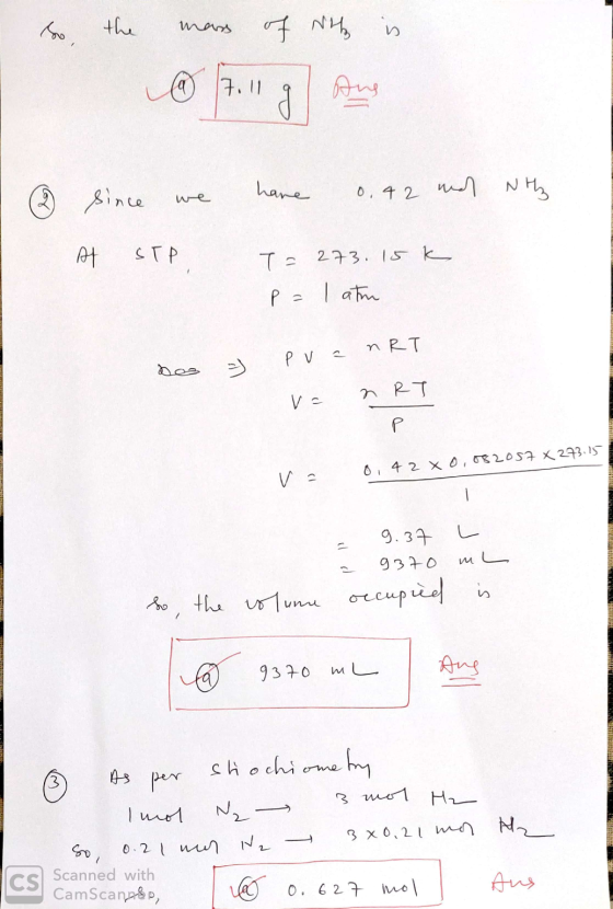 So, the mas mass of who is @ 7.g Ang I since we have 0.42 mal with At STP T= 273.15k p= 1 atm bes & p vanRT V = nRT 0,42xo, 0