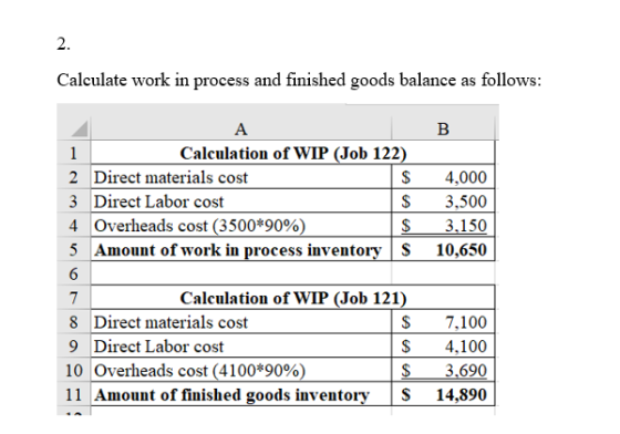 2. Calculate work in process and finished goods balance as follows А В Calculation of WIP (Job 122) 1 2 Direct materials cost
