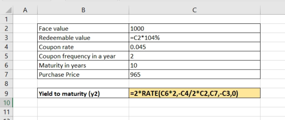 1000 =C2*104% 0.045 Face value Redeemable value Coupon rate Coupon frequency in a year Maturity in years Purchase Price 10 96