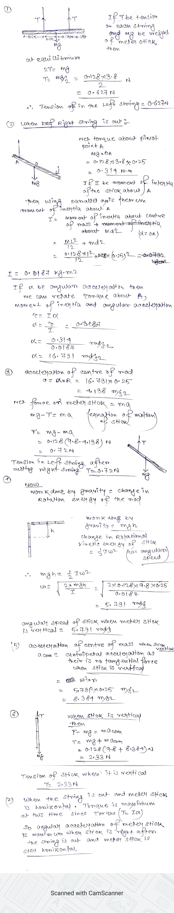 Т. T 경 Ift T be tension on each string ang mg be weight of meter stick 025-> 0.25 then ng at equî li bonium 2T= mg To mora 2