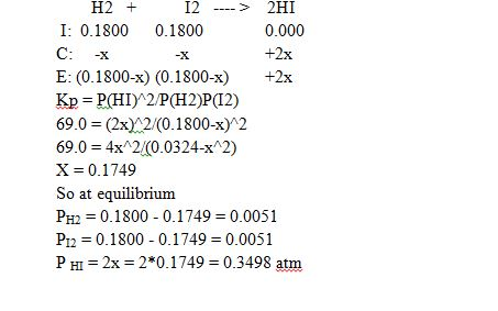 H2 + I2 ---> 2HI I 0.1800 0.1800 C:-X E: (01800-х) (0.1800-х) +2x Кр = P(H1)2/P(H2)P(12) 69.0 = (2x)2 (0.1 800-х)2 69.0 =