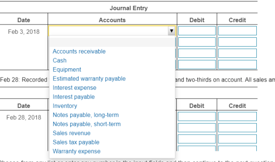 Journal Entry Accounts Date Debit Credit Feb 3, 2018 Feb 28: Recorded and two-thirds on account. All sales am Accounts receiv