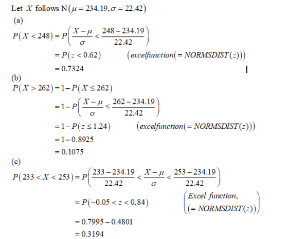 Let X follows N(/u= 234.19,0 = 22.42) (a) X -и 248- 234.19 P(X<248 P 22.42 (excelfunction( NORMSDIST (2) = P(z < 0.62) 0.7324