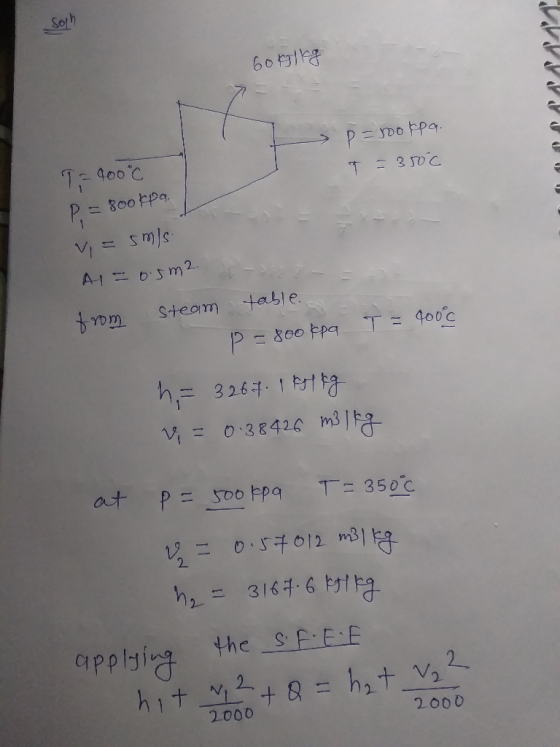 Soph Gorgt kg p=rookpa. T = 350c T = 900°C P = 800$pa. v=smis A = 0.5m² olas from Steam table. P=800kpa T= 400°C h = 3267. 19