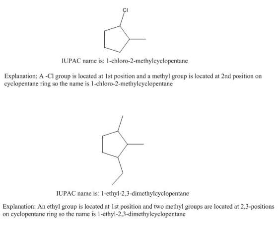 IUPAC name is: 1-chloro-2-methylcyclopentane Explanation: A-Cl group is located at 1st position and a methyl group is located