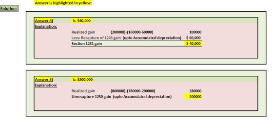 Answer is highlighted in yellow: Solution: b. $40,000 Answer:4) Explanation: Realized gain (200000)-(160000-60000) Less: Reca