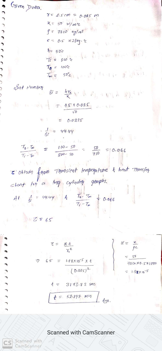 Given Data. 7 22.5cm = 0.025 m K= 50 W/m°C = 7800 uył m3 es 0.5 kilugio h = 50°c 1 SWC Ti = To Too 100°C 50°c Biot Number hro