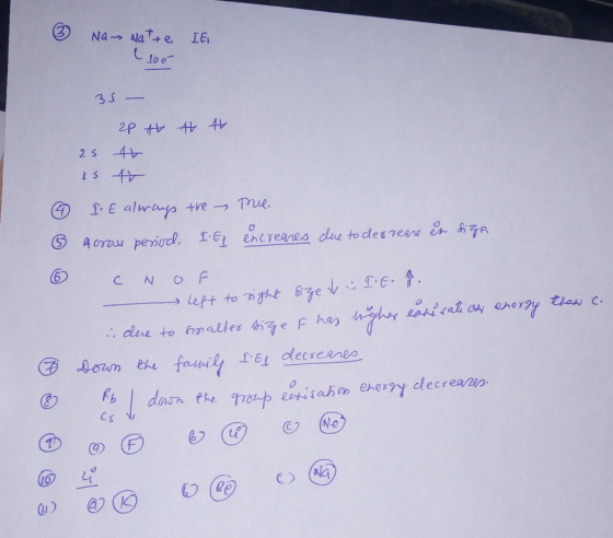Na le natte (106 35 - 20 tt 25 16 15 4 A 4 ③ & 6 I. E always the true Across period, I.Ej encreases due to decreare un size c