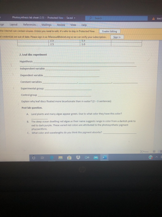 Photosynthesis lab sheet 2 (0) - Protected ViewSaved Search ign Layout References Mailings Review View Help che Internet can