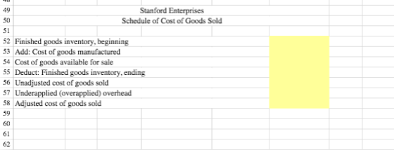 49 Stanford Enterprises Schedule of Cost of Goods Sold 50 51 52 Finished goods inventory, beginning 53 Add: Cost of goods man
