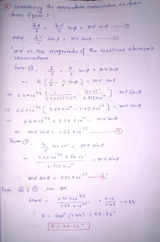 (a considering the momentum conservation, we h from figure – - hy cesy + me cono - and bes sin ø= mu sino - 2 mo es the magn