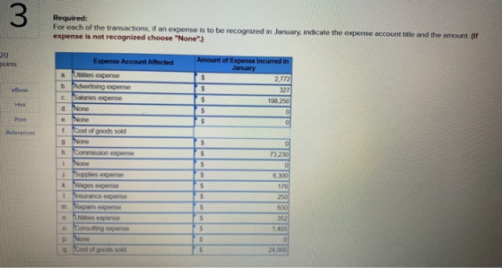 Required: For each of the transactions, if an expense is to be recognized in January, indicate the expense account title and