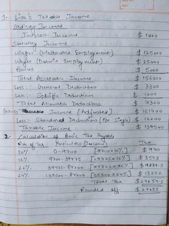 PA 1. Lisas Texable Income Income Interest Income Ordinary Income Statutory Income $ 1000 Wages (Melbourne Employment) Wages