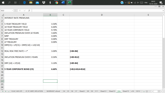 W v E O 04:43 Ca 1x 2 ENG E 1 16-03-2020 ... o X B22 - x = fx В 1 INTEREST RATE PREMIUMS 2 3 5 YEAR TREASURY YIELD 4 10 YEAR