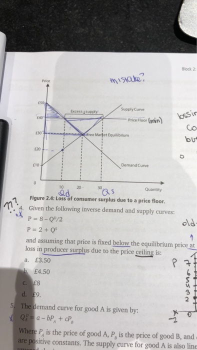 Block 2: misiake Supply Curve ssi Co Excess supply オーーPriceFloor(min) E40 100-Mina> (ee Mar et Equilibrium 120 - Demand Curve E10 10 20 30 ad Figure 2.4: Loss of consumer surplus due to a price floor. Given the following inverse demand and supply curvess old p=2+Qs and assuming that price is fixed below the equilibrium price at loss in producer surplus due to the price ceiling is: a. £3.50 £4.50 c. 4 5 The demand curve for good A is given by: Where P, is the price of good A, P, is the price of good B, and are positive constants. The supply curve for good A is also line