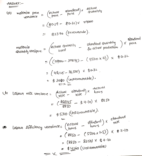 Answer:- Actual Quantity @ Actucu ( price - Actual standard) price / materia price variance price 0 - . = ($0.29 - $0.32)x 59