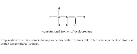 I- H- C-C C - H HHH constitutional isomer of cyclopropane Explanation: The two isomers having same molecular formula but diff
