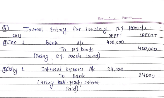 Date:I I Page no:- A 6 Jant 2011 CRED11 400,000 - Blbly Jounal Entry for issuing 12 ) Bonds: DEBIT Bonk Alc 400,000 : To 12
