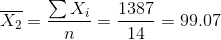 \bg_white \overline{X_{2}} = \frac{\sum X_{i}}{n} = \frac{1387}{14} = 99.07