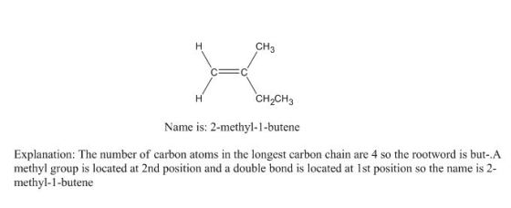 CH₃ CH2CH3 Name is: 2-methyl-1-butene Explanation: The number of carbon atoms in the longest carbon chain are 4 so the rootwo