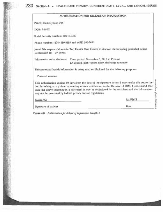 230 Section 4 . HEALTHCARE PRIVACY, CONFIDENTIALITY, LEGAL, AND ETHICAL ISSUES AUTHORIZATION FOR RELEASE OF INFORMATION Patie