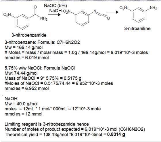 NH2 NaOCl(5%) NaOH O2N. O2N. ww O2N. NH2 3-nitroaniline 3-nitrobenzamide 3-nitrobenzene: Formula: C7H6N2O2 Mw 166.14 g/mol #M