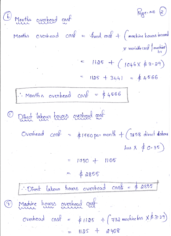 Page No ③ Months overhead coat Months overhead cook = fired.coof + (machine howns incored x veniable cook | machar ..= 1125 +