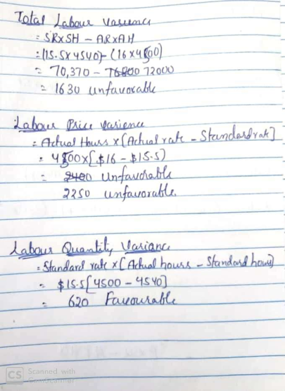 Total Labour varience = SRx.SH - ARXAH : (15. SX 4540.- (16x400) . 70,370 - 76000 72000 2 1630 unfavorable Labour Price varie