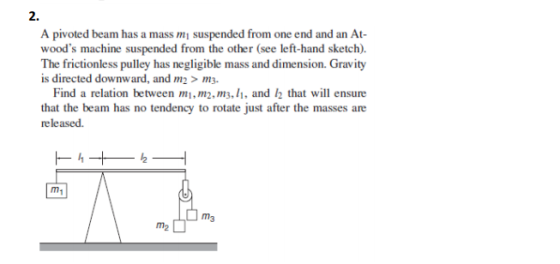 2. A pivoted beam has a mass mi suspended from one end and an At- woods machine suspended from the other (see left-hand sket
