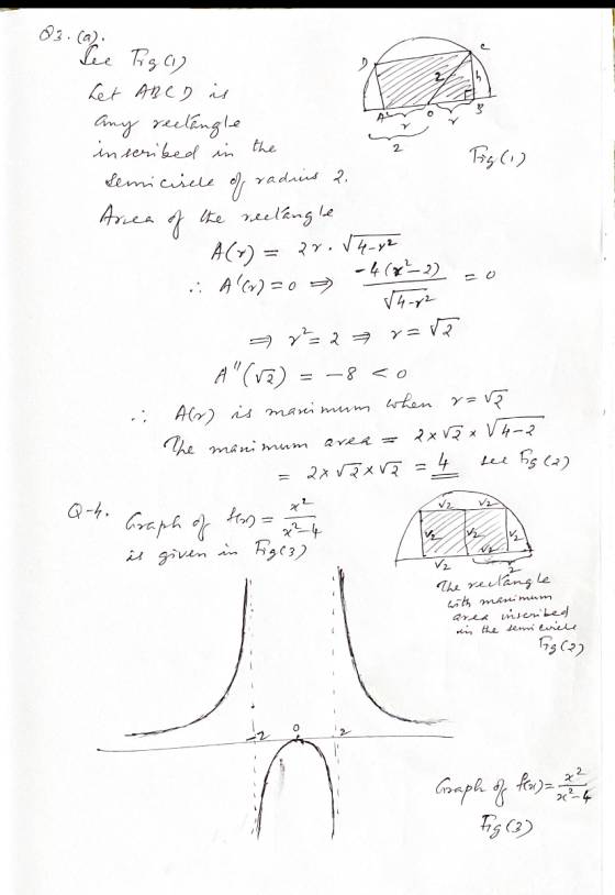 03.(a Tee Tig (1) 2 g het ABCD is Any rectangle inscribed in the Tig (1) semicircle of radius 2. Area the reclangle A(v) = 28
