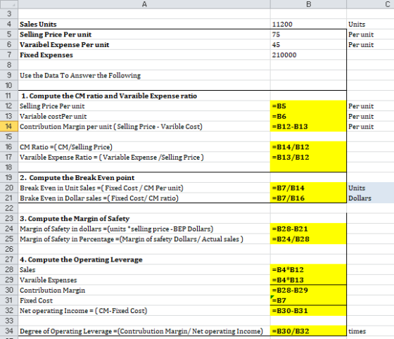 11200 4 5 6 7 Sales Units Selling Price Per unit Varaibel Expense Per unit Fixed Expenses Units Per unit Per unit 210000 8 9