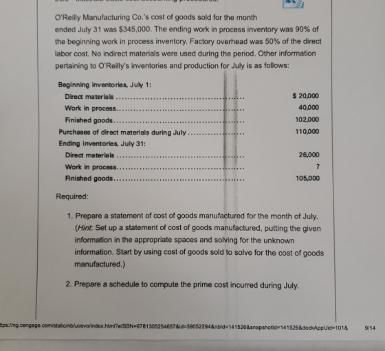 OReilly Manufacturing Co.s cost of goods sold for the month ended July 31 was $345,000. The ending work in process inventor